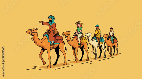 People riding camels in a desert caravan journey.