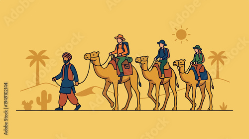 People riding camels in a desert landscape with a guide leading the way.