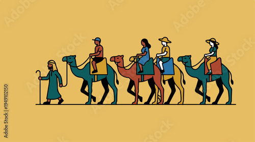 People riding camels in a desert caravan journey.