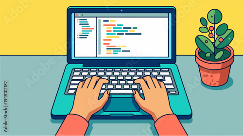 Person coding on a laptop with a plant on the desk.