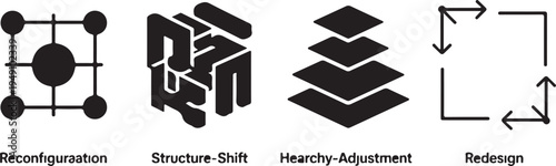 Four abstract representing reconfiguration structure shift hearchy adjustment and redesign
