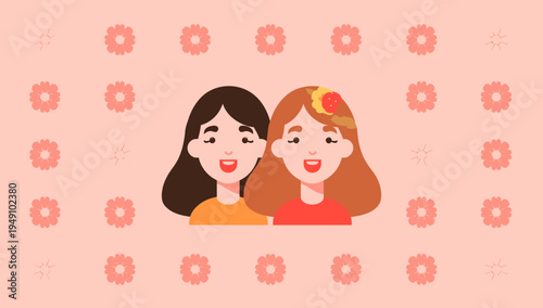 Two smiling women with flowers background.