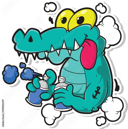 Cool Crocodile Graffiti Artist Mascot with Spray Cans Vector Illustration