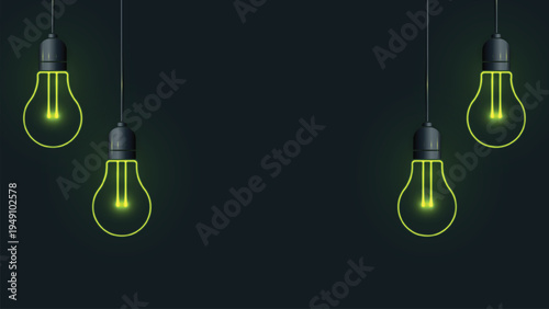 Modern Innovation Background with Hanging Glowing Green Neon Light Bulbs