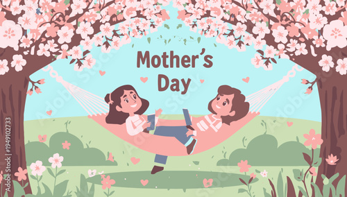 Mother's Day illustration of children relaxing.