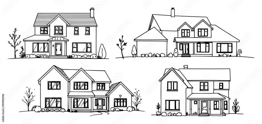 Fototapeta premium Family house set with continuous line art drawing style featuring suburban home, minimalist black sketch, isolated white background with vector illustration and architecture