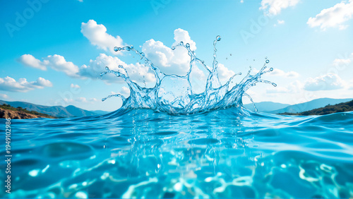 Clear blue water splash with white clouds in the background