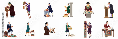 Set of vintage flat illustrations featuring historical scholarly men engaged in reading, writing, and research activities with books, scrolls, and maps.