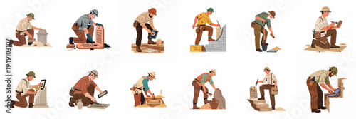 Set of male archeologist characters working on excavation sites, cleaning ancient artifacts, and discovering historical ruins in a flat vector illustration style.