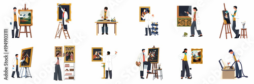Collection of professional art restorers and conservators working on classical paintings, cleaning, repairing, and measuring museum artworks in a laboratory setting.