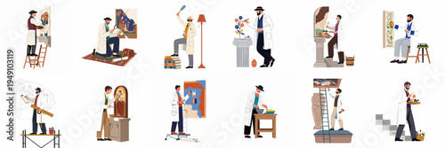 Set of professional art restorers and conservators working on various artworks, historical artifacts, paintings, and sculptures in a museum or studio setting.