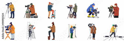 Professional filmmakers and photographers operating cameras and equipment, depicted in flat vector illustration style with outdoor winter clothing.