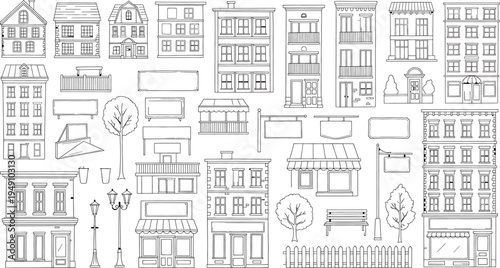 A black and white illustration of various buildings isolated on transparent background