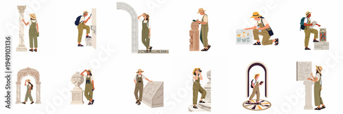 Set of diverse travelers and archaeologists exploring ancient ruins and architectural heritage sites, examining artifacts and capturing moments.