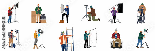 Set of film crew members and cinematographers working with professional lighting, cameras, and production equipment, isolated on a white background.