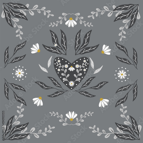 Decorative floral folk pattern with a heart shape in the center, surrounded by leaves and small daisy flowers on a gray background. Minimalistic botanical ornament in a Scandinavian or folk art style.
