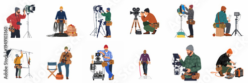 Flat vector illustrations of professional film crew members engaged in various roles on a movie set, from camera operation to lighting and production management.