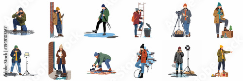 Collection of professional film crew and photographers working outdoors in winter clothing with various camera and lighting equipment in an urban setting.