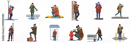 Vector illustration set of diverse photographers and videographers in winter clothing capturing scenes in various urban settings and rainy weather conditions.