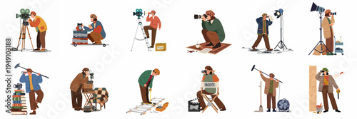 Diverse collection of flat vector illustrations depicting professional film production crew members performing various roles on a movie set.