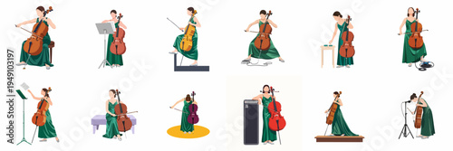 Set of Vector Illustrations of a Female Cellist in a Green Dress Performing, Practicing, and Preparing for a Concert with her Cello