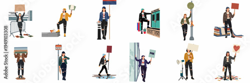 Flat vector illustrations of a young woman activist participating in social protests with placards, banners, and megaphones in various urban settings.