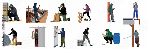 Illustrations of animal rights activists and undercover investigators performing clandestine activities on farm and industrial sites for documentation and exposé purposes.