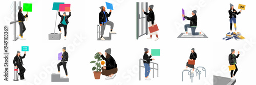 Set of 12 modern minimalist vector illustrations featuring trendy young adults in leather jackets and beanies in various urban poses and holding placards.