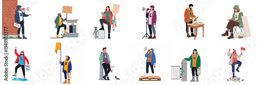 Collection of diverse people engaged in animal rights activism and peaceful protest activities, flat vector illustration.