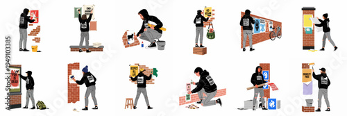 A collection of animal rights activists putting up protest posters and stickers against animal cruelty and for veganism on urban walls.