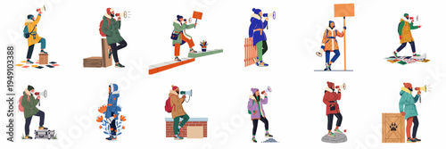 Collection of diverse people in winter clothing shouting into megaphones and holding signs for a protest or social movement demonstration.