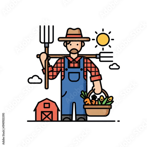 Cartoon Farmer with Pitchfork and Basket of Fresh Produce Under a Sunny Sky Landscape.