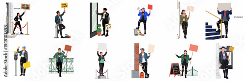 Set of diverse animal rights activists protesting in urban environments with placards and megaphones, illustrated in a modern flat vector style.