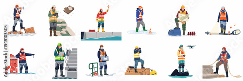 Flat vector illustration set of emergency rescue workers and first responders managing disaster relief operations during floods and major storms.