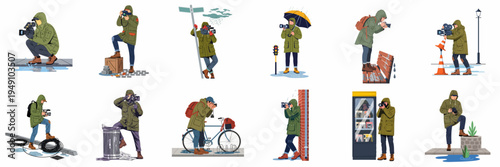 Set of vector illustrations featuring photographers and videographers working in various urban environments during rainy weather conditions.