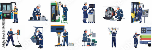 Illustrations of professional male and female technicians performing maintenance, repairs, diagnostics, and charging on modern public transport buses and electric vehicles.