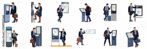 Collection of businessmen in overcoats using digital navigation kiosks and city maps at transit stations for commuting and travel planning.