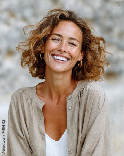 beautiful woman with a confident smile, white teeth, minimal makeup, outdoor blurred background, natural light