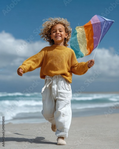child flying a kite on the beach, colorful kite against blue sky, playful and free