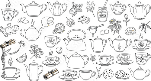 A collection of various tea and coffee items isolated on transparent background