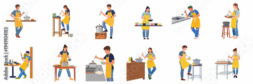 Collection of flat vector illustrations featuring young people in yellow aprons cooking, preparing, and serving food in various kitchen settings.