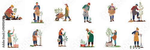 Collection of diverse gardeners and farmers engaged in planting trees and maintaining gardens, isolated on a white background.