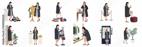Set of vector illustrations depicting a professional female mystery shopper or retail auditor performing various inspections and market research tasks in stores.