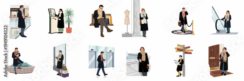 Collection of elegant people in various urban and commercial settings, shopping mall, office, and city life activities in flat vector illustration style.