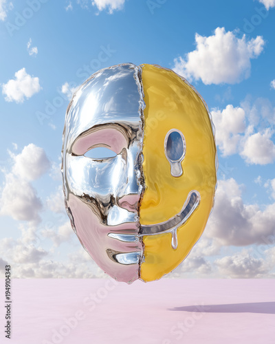 Dual Facade: A mask, split down the middle showcasing both joy and sorrow, floats gently against a backdrop of clouds and sky, presenting a symbolic exploration of contrasting emotions.