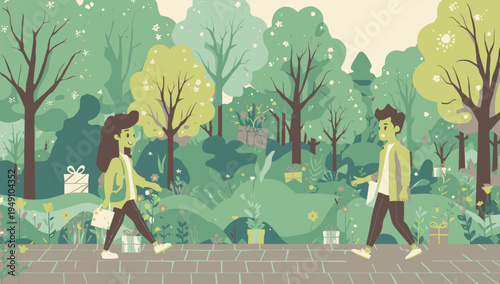 People walking in a park landscape.