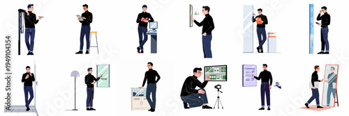 Vector illustration set featuring a modern professional man in various business, technology, analytical, and creative work scenarios in a flat design style.