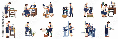 Collection of flat illustrations showing skilled tailors and garment workers using sewing machines and textile equipment in a workshop or factory setting.