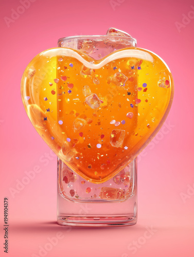 Love Potion: A charming, heart-shaped vessel, filled with a shimmering, amber elixir, poised against a soft pink backdrop, embodies affection and allure.