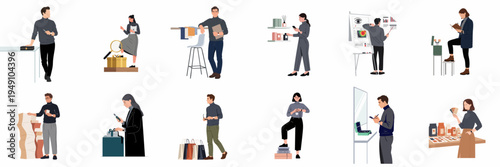 Set of flat vector illustrations featuring diverse professionals and individuals engaged in modern business, creative, and lifestyle activities.